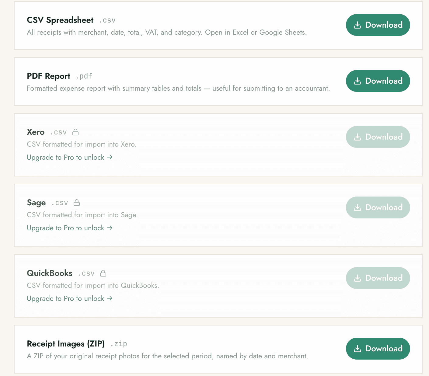 Snap-a-Slip export screen offering CSV, PDF report, Xero, Sage, QuickBooks and a ZIP of original receipt images.